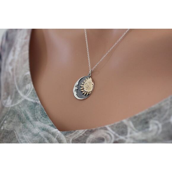 Mixed Metal Sun and Moon Pendant Necklace, Mixed Metal Sun Moon Charm Necklace - Picture 1 of 7